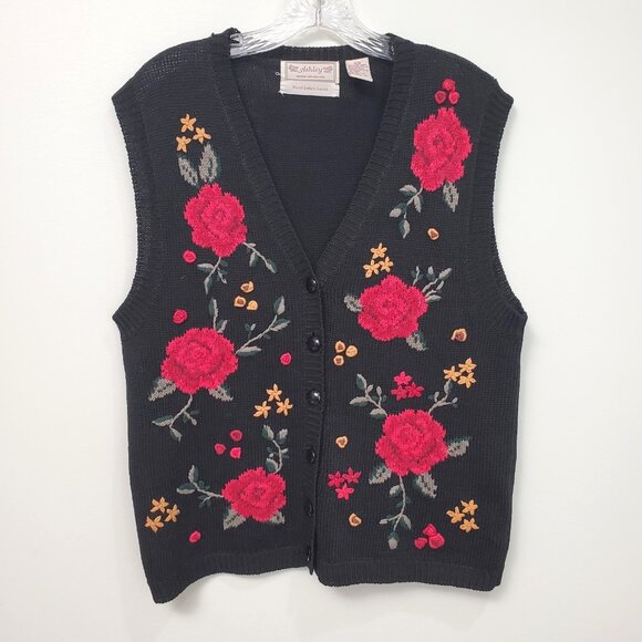 Vintage Ashley Hand Embroidered Floral Cardigan Sweater Vest Womens Size L Black - Picture 4 of 11